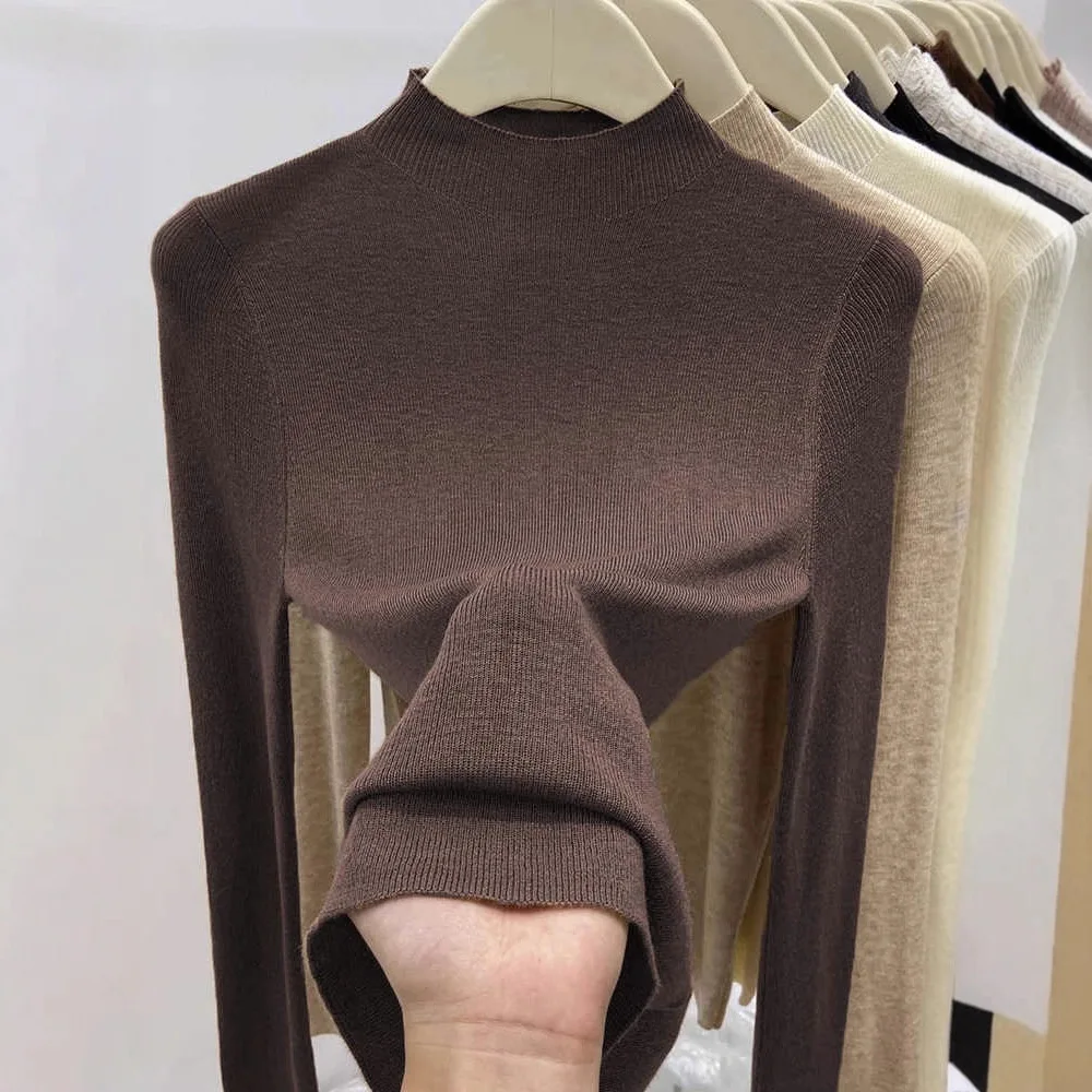 

2025 Autumn and Winter New Semi-turtleneck Soft Waxy Knitted Sweater Slim Pullover Thin Sweater Middle Neck Bottoming Shirt