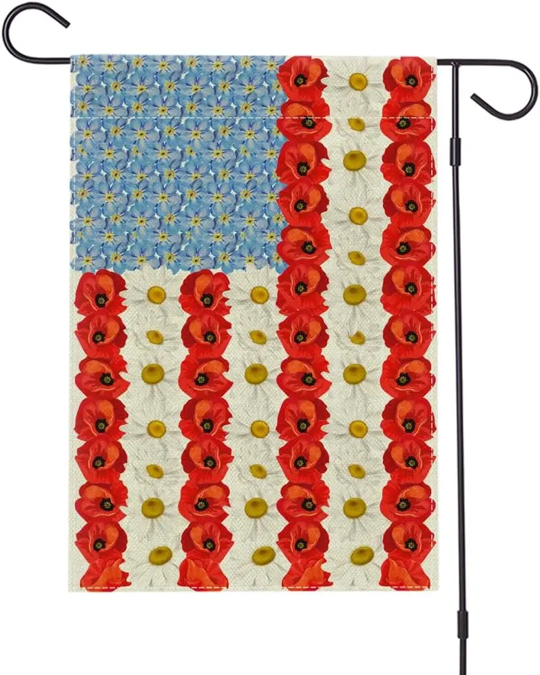 Myosotis Poppy American Garden Flag 12x18 Inch Double Sided Outdoor Yard Patriotic Decorations for Presidents Memorial 4th o WWP
