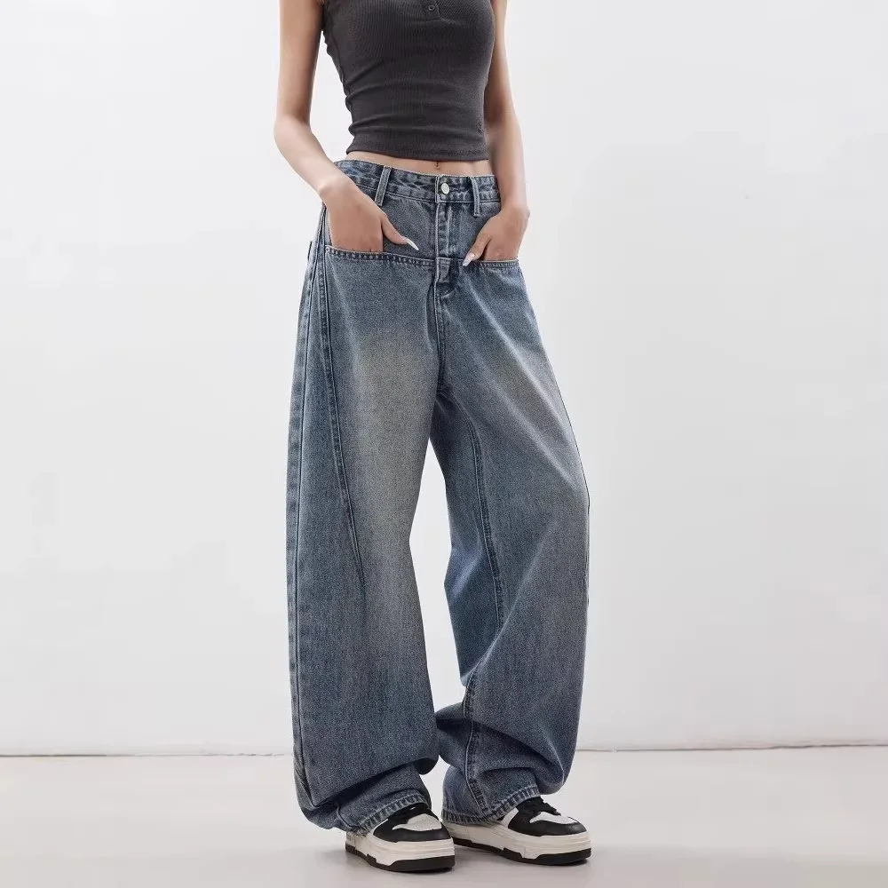 American High Street Fashion Women's Loose Plus Size Daily Simple Casual Trendy Wide Leg Straight Denim Trousers Female Jeans