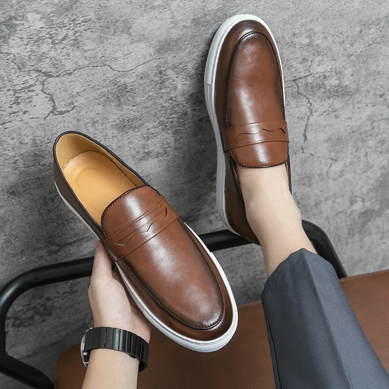 

Brown Sneakers for Men Black Men's Vulcanize Shoes Pu Leather Slip-On Solid Handmade Size 38-47 Men Shoes