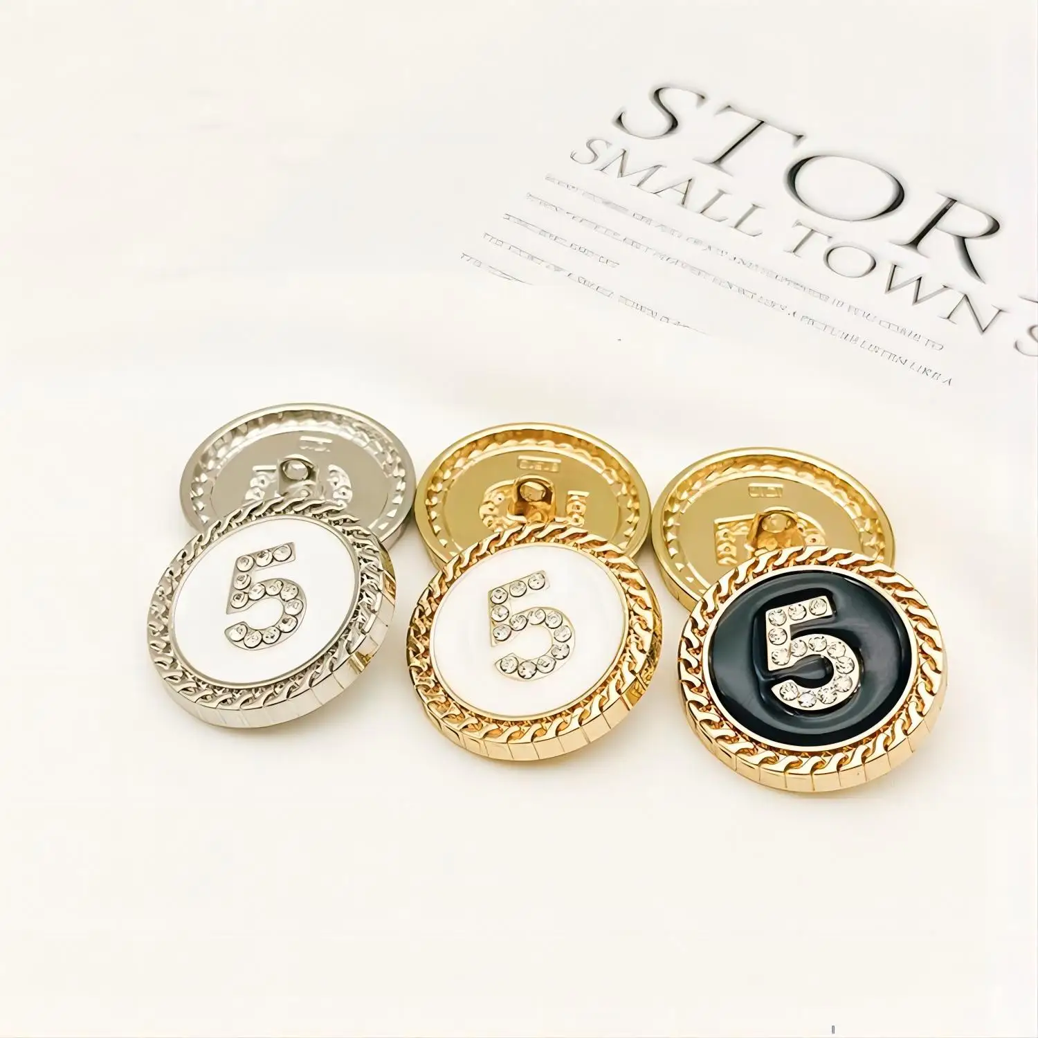 6pcs Lnlaid Rhinestones Gold Five Number  Luxury Design Metal Round Sewing Button For Clothing Accessory Handmade DIY Decoration