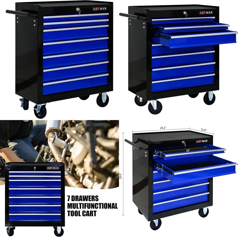 صندوق أدوات دوارة متعدد الوظائف مع 7 أدراج للتخزين والتنظيم، عربة أدوات شديدة التحمل على عجلات، أداة محمولة