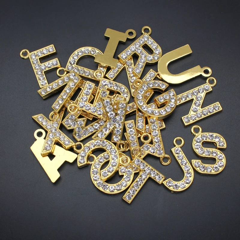 21mm Pendants Charms Clear Full Rhinestone English Letters Alphabet A-Z Golden Color Beads DIY Jewelry Making