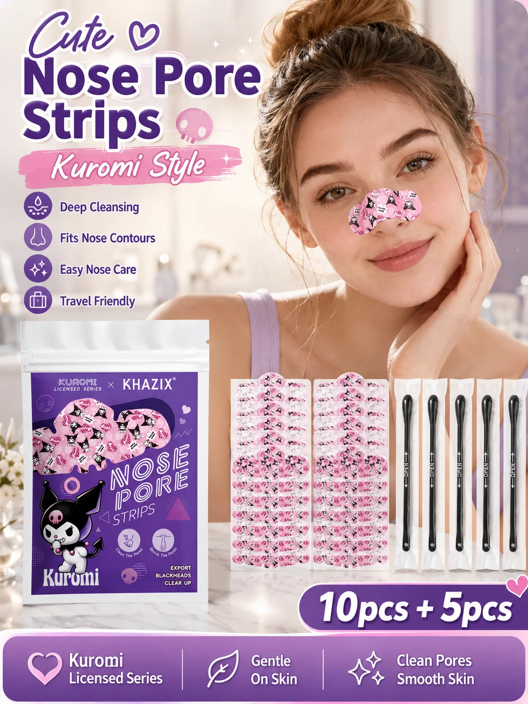 Sanrio Cartoon Nose Strips with Cotton Swabs, 10+5 Pieces, Deep Cleansing for Pores, Gentle Water-Activated Nasal Pads