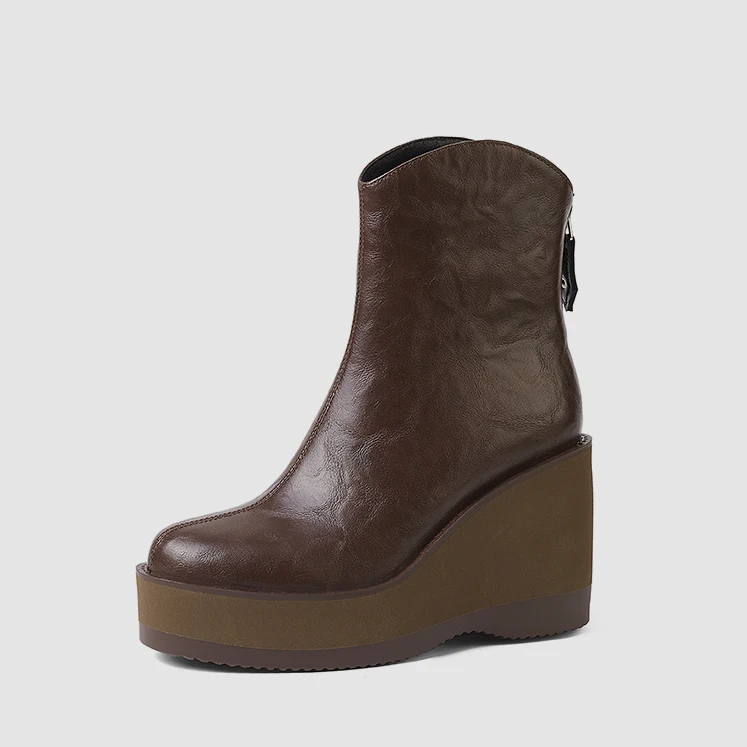 LIHUAMAO cow leather chelsea western boots women wedges booties outdoor footwear casual shoes work motorcycle boots