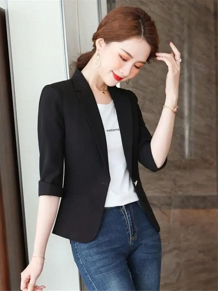 夏薄手カジュアル無地レディースブレザー ジャケット半袖クリーンフィットスタイルオフィスウェアワンボタン留め