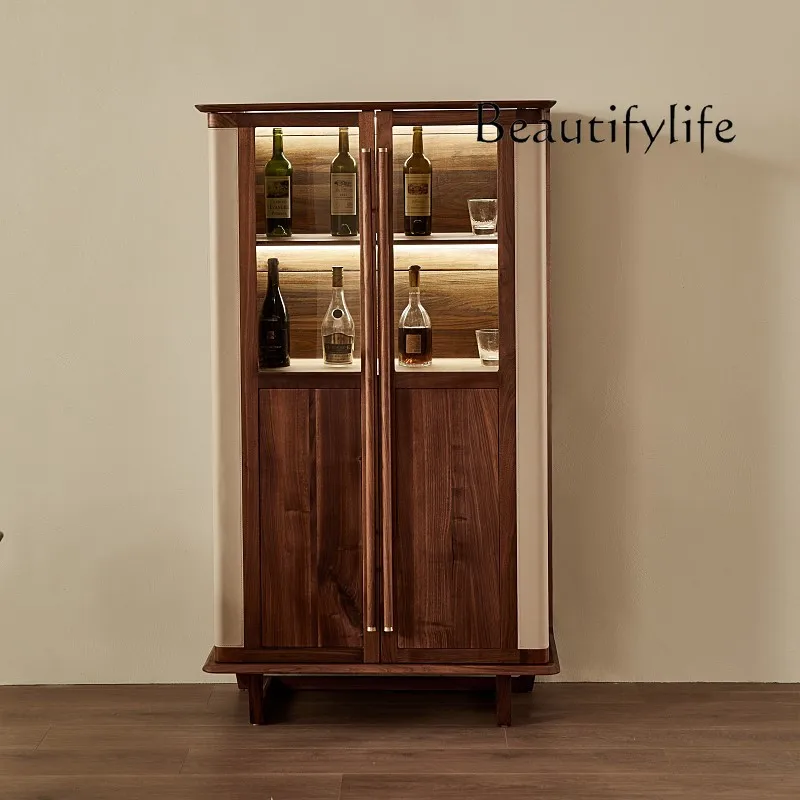 European Entry Lux Black Walnut Solid Wood Wine Cabinet Modern Simple Home Double Door Sideboard Cabinet