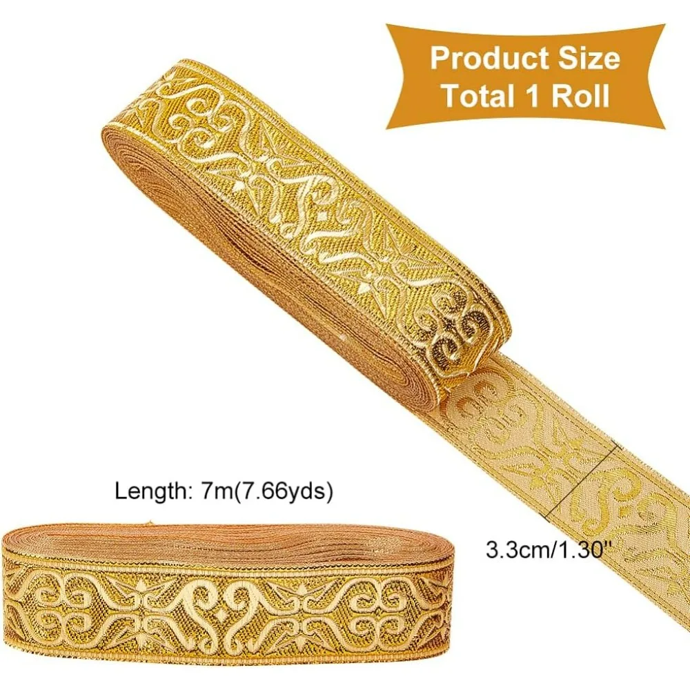 7.7Yards Gold Jacquard Ribbon Trim 1-1/4 Inch Wide Boho Woven Trim Ethnic Floral Ribbon Embroidery Polyester Flat Ribbon for DIY