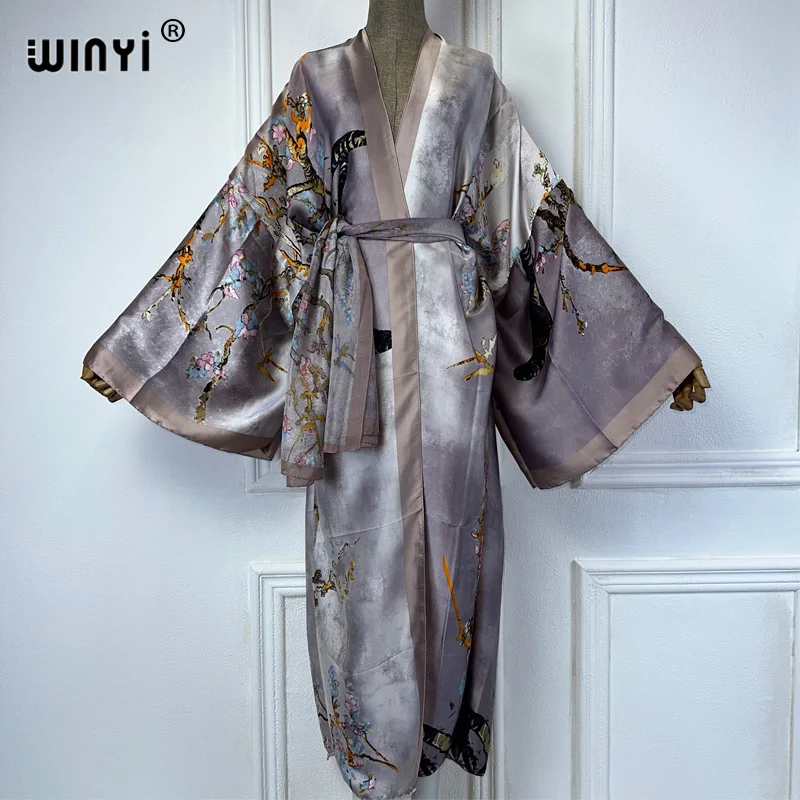 Winyi Kimono Vrouwen Zomer Fashion Print Lange Mouw Vest Vrouw Losse Abaya Casual Strand Cover Up Boho Jurk Met Sjaal