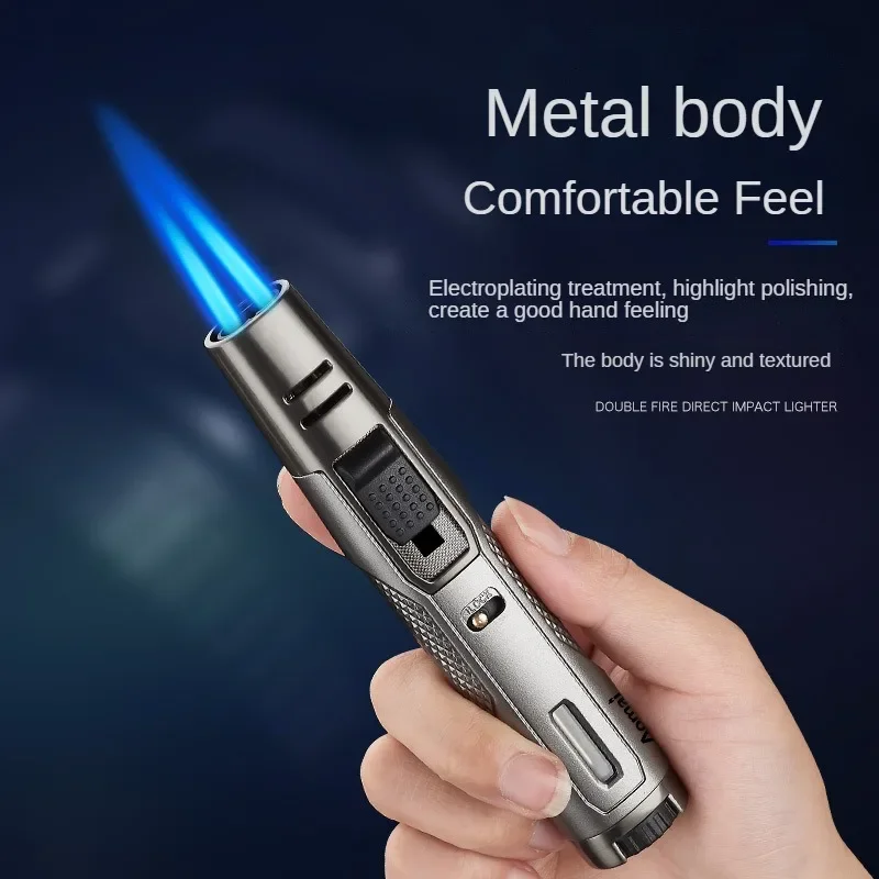 Metal Long Strip Double Fire Straight Blue Jets, Small Spray Gun, Hand-held Small Welding Torch,Cigar Inflatable Lighter