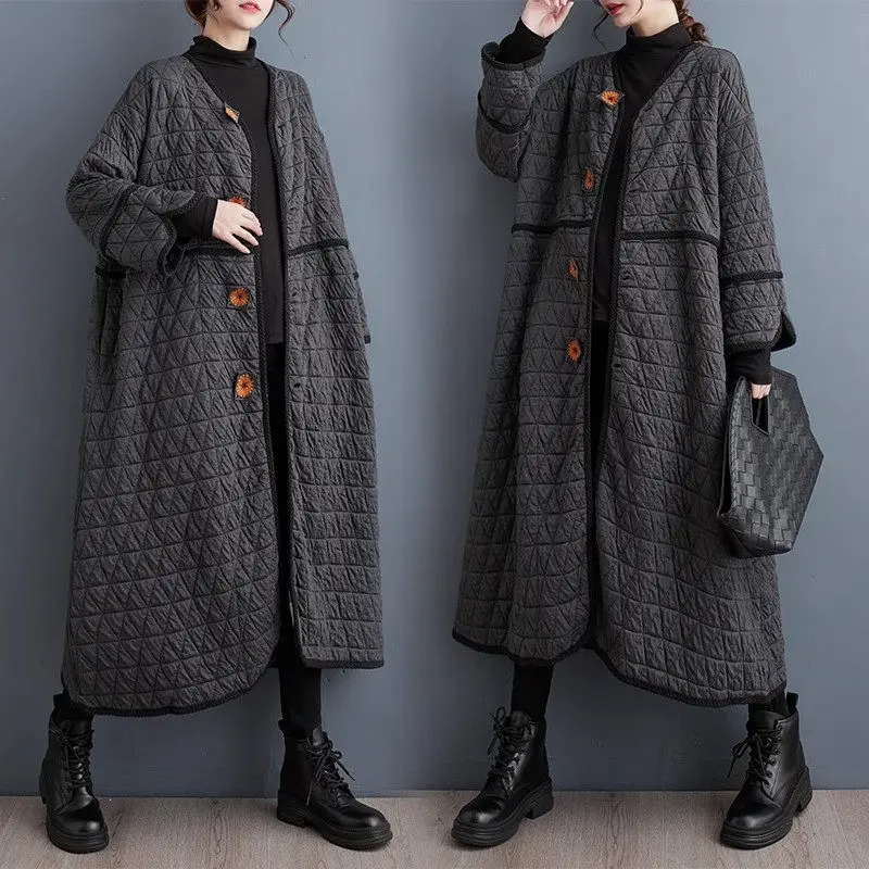 

2023 Autumn/Winter New Retro Style Large Size Long Coat Loose Thickened Cotton Jacket Loose Windbreaker For Women Outwear Z4161