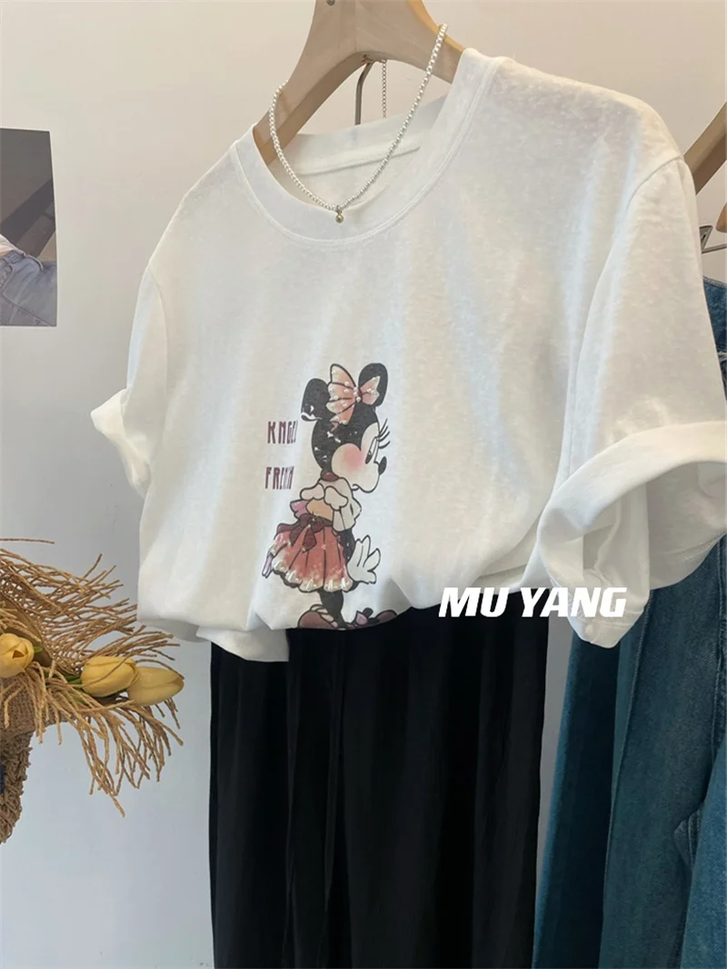 

Хлопковая футболка с коротким рукавом, женская летняя базовая футболка с мультяшным принтом, корейский стиль, прямой крой, круглый вырез, стандартная длина