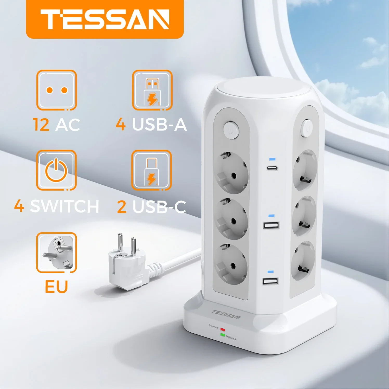 

Удлинитель TESSAN типа C с 4 одинарными переключателями, несколькими розетками и защитой от перенапряжения, удлинительный кабель 2 м, 5 м, адаптер