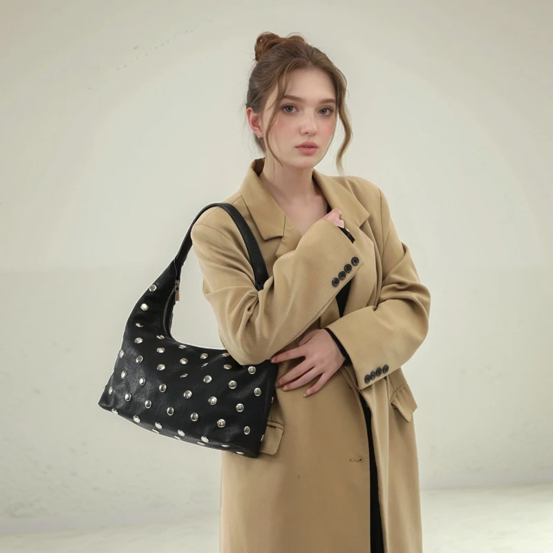 

Y2K Punk Studded Hobo Bag Women, Large Capacity Rivet PU Leather Underarm Tote, Vintage Shoulder Purse For Work Travel