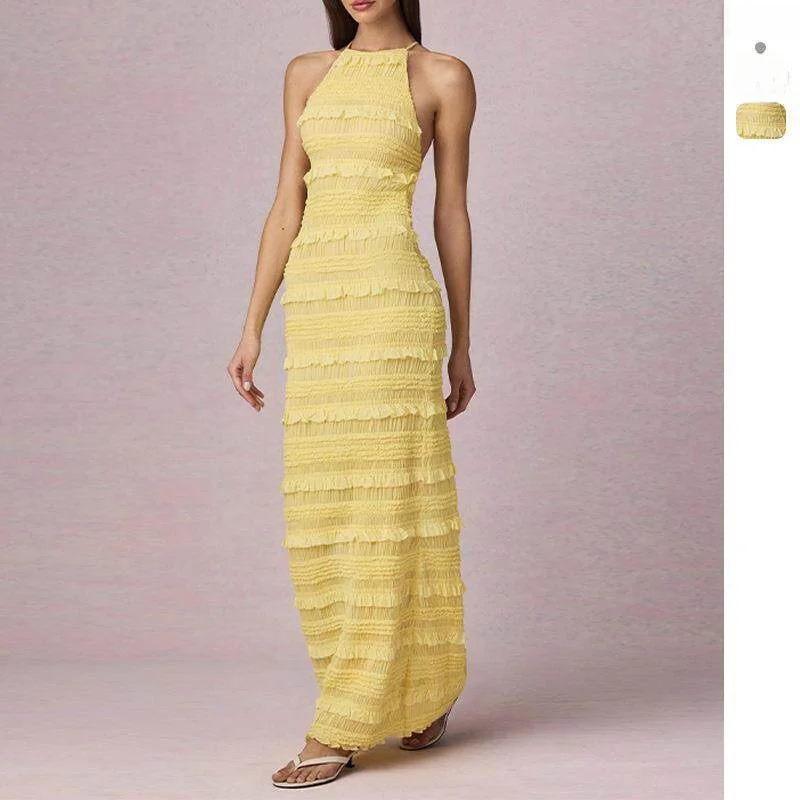 

Sexy Long Backless Ruffle Trim Halter Neck Strap Dress Summer New Arrival Cross-Border Ultra-Lightweight Sleeveless Gown