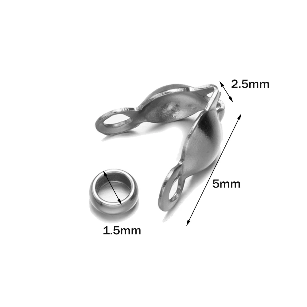 50 Stück Edelstahl-Quetschperlenspitzen, Knotenabdeckungen, Clamshell-Faltperlenspitzen mit 50 Stück Endkappen für die Schmuckherstellung, Basteln, Heimwerken