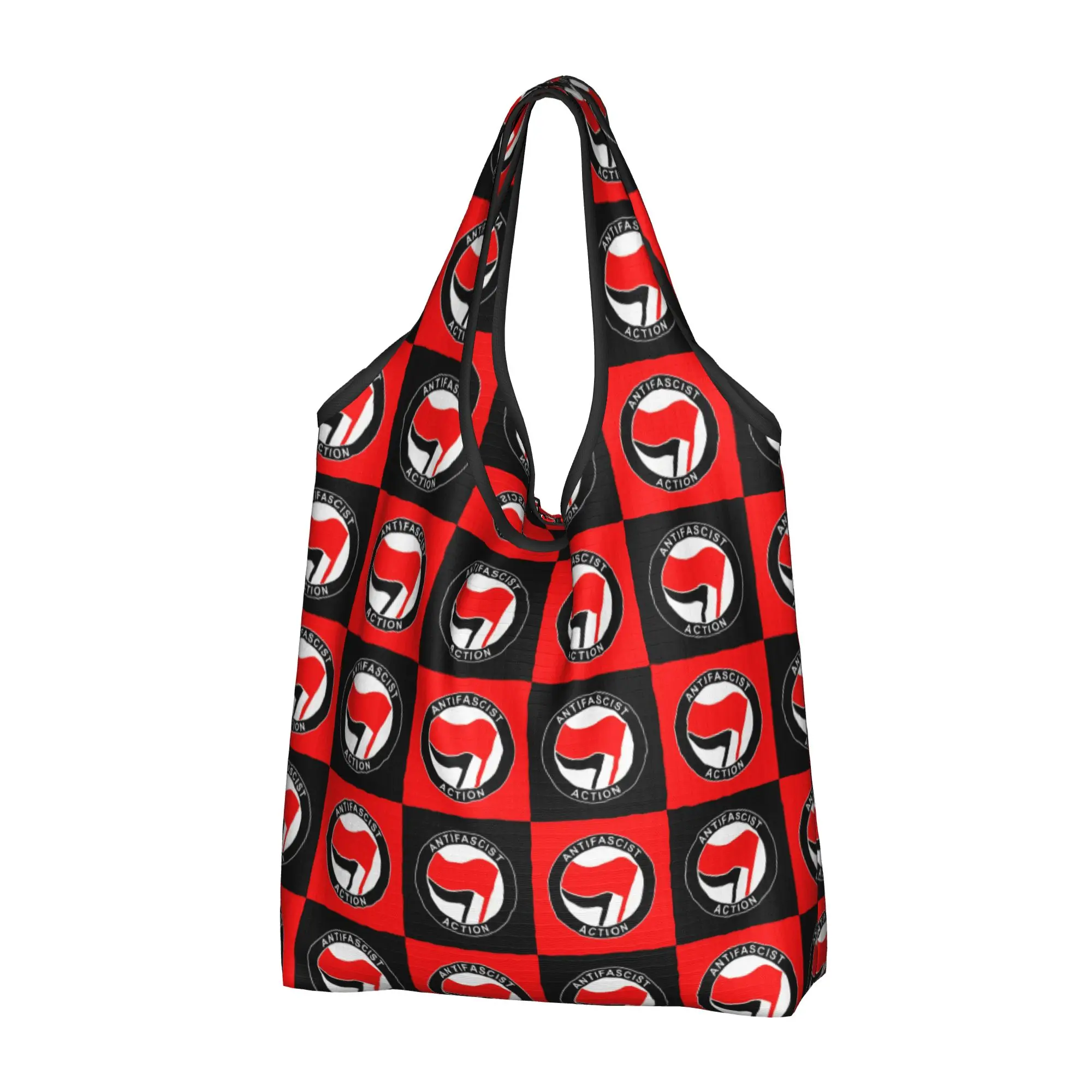 Recycling Antifa Scist Action Anti Racism Flag  Shopping Bag Women Tote Bag Portable Checkered Plaid  Groceries Shopper Bags