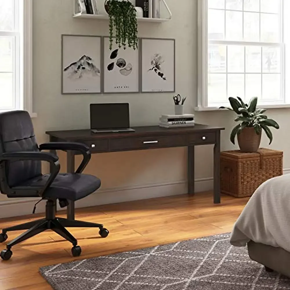 Contemporary Solid Wood Office Desk with Storage Drawers and Keyboard Tray 60 Inch Wide Tobacco Brown Brushed Nickel Accents