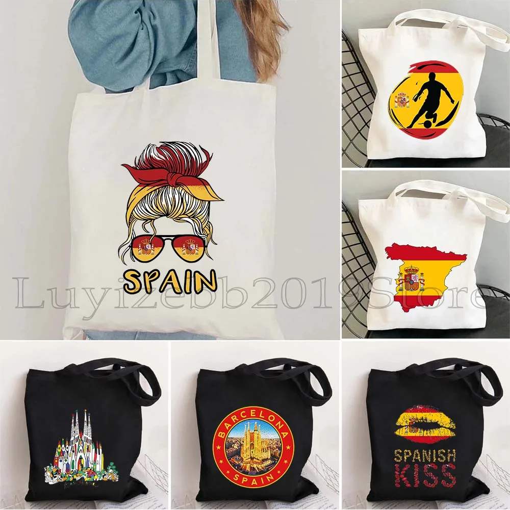 Barcelona Espaa Spanish Spain Map Patriotic Flag Spaniard Gift Girl Seville Tower Soccer Football Heart Canvas Tote Bag Handbags