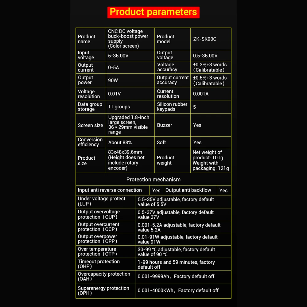 Color Screen Cnc Buck-boost Power Module 6-36V To 0.5-36V 90W Step Down/up Power Supply With Cooling Fan