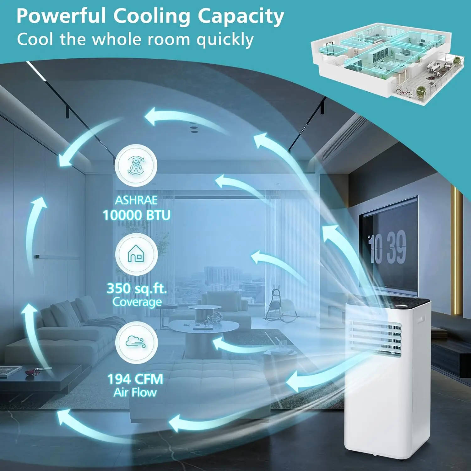 Ar condicionado portátil de 10000 BTU, com modo ventilador e desumidificador, unidade CA silenciosa com modo de suspensão, 2 velocidades, display LED com temporizador de 24 horas