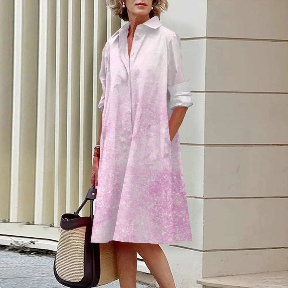 

Turn Down Collar Dress Women Long Sleeve Dresses Spliced Single Breasted Knee Length Dress Loose Casual Straight Pockets