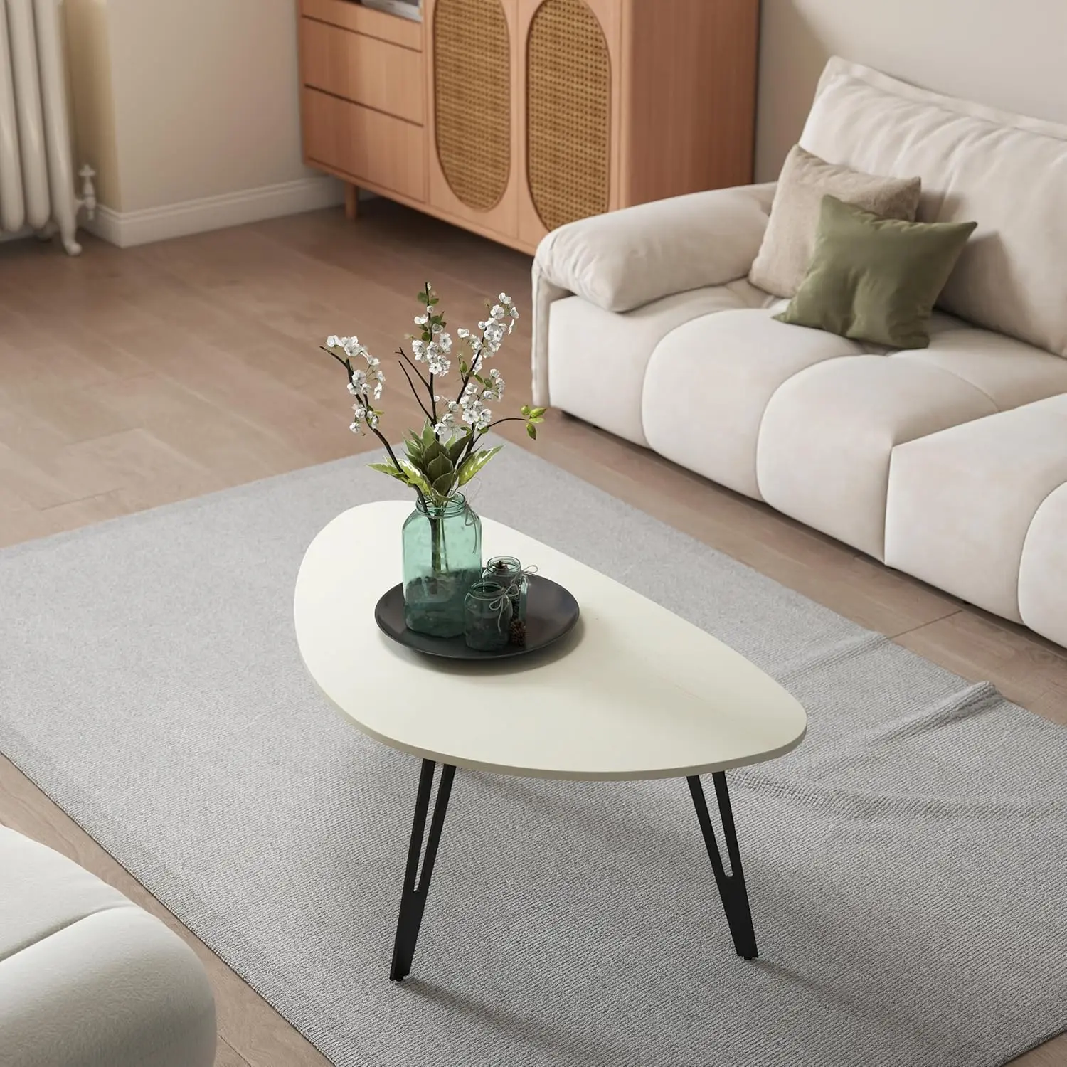 White Modern Small Oval Coffee Table - Minimalist Center/Tea Table for Living Room/Office Small Spaces, Easy Assembly