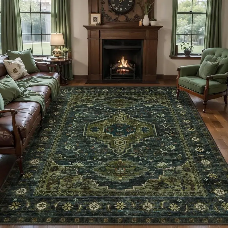 VIKAMA Area Rug Red Blue Persian Vintage Ornate Pattern Print Soft Non Slip For Living Room Bedroom Dining Room Study Home Decor