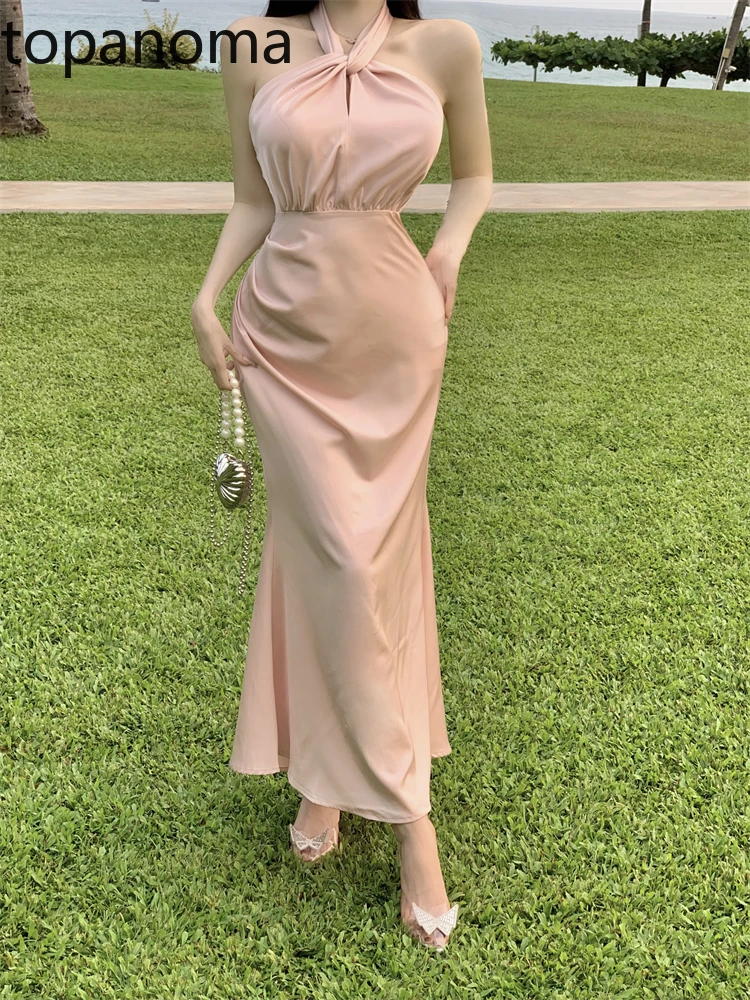 Topanoma Wedding Party Evening Dresses Women Halter Satin Sleeveless Hollow Out Elegant Cocktail Prom Dress Banquet Bridesmaids