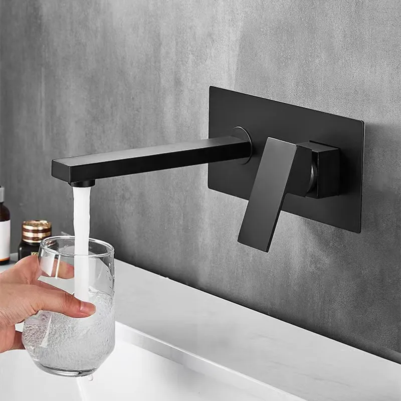 

All Copper Concealed Wall Mounted Black Basin Faucet, Embedded Wall Outlet, Wash Basin, Basin, Cold and Hot Faucet