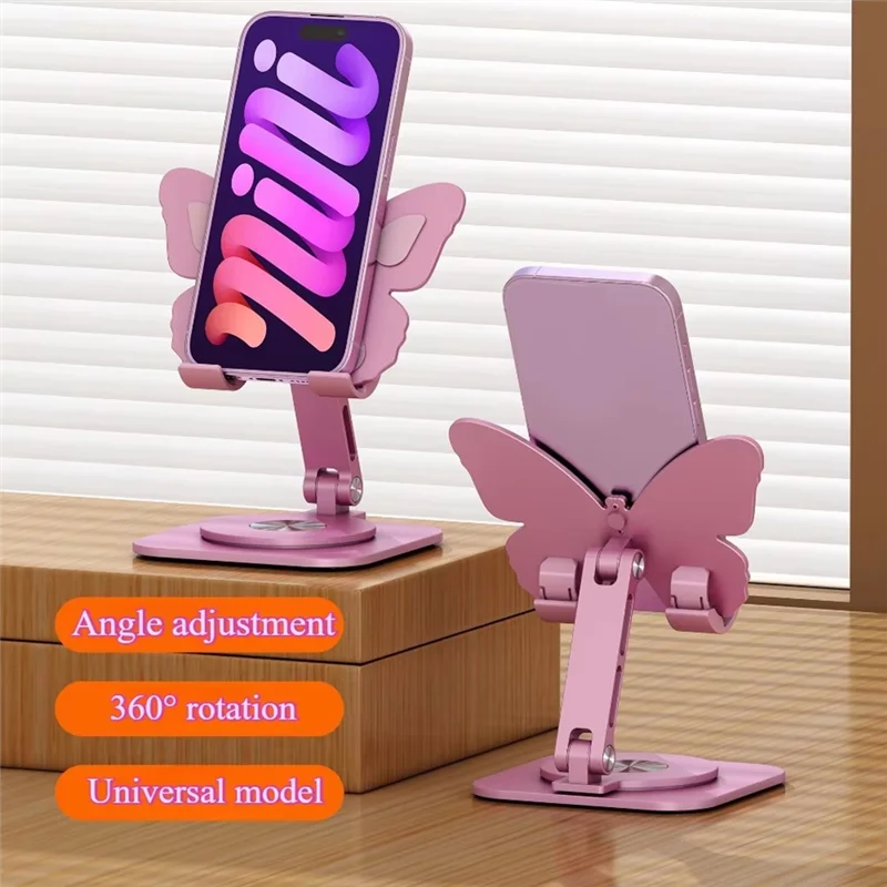 CJSD-Desk Phone Stand In Aluminum With Butterfly Folding Mechanism, 360 Degree Adjustable For Tablets And Smartphones Under 8 In