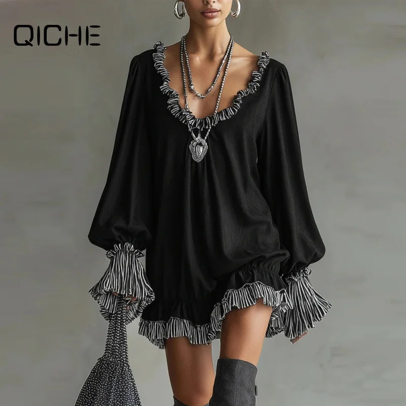 QICHE 2026 Fall Winter New Women Princess Style Mini Dress, Black Vintage Ruffle Slim Elegant Short Dress