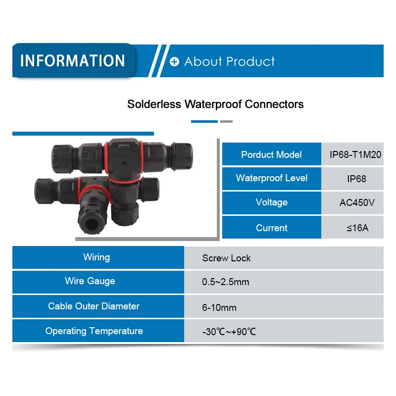 IP68 M20 T Type 6-10mm Cable Electrical Waterproof Connector 2/3 Screw Pin Terminal Adapter Wire Connector For LED Light Outdoor