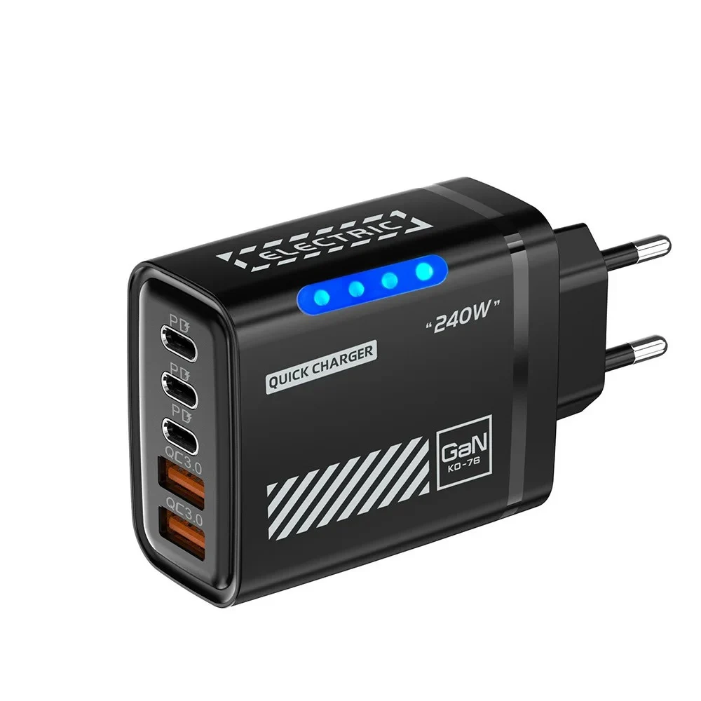 240W GaN Schnellladegerät 5-in-1 Multi-Port Desktop-Adapter mit LED-Licht für iPhone Samsung Huawei Xiaomi Tablet Typ-C USB-Ladegerät