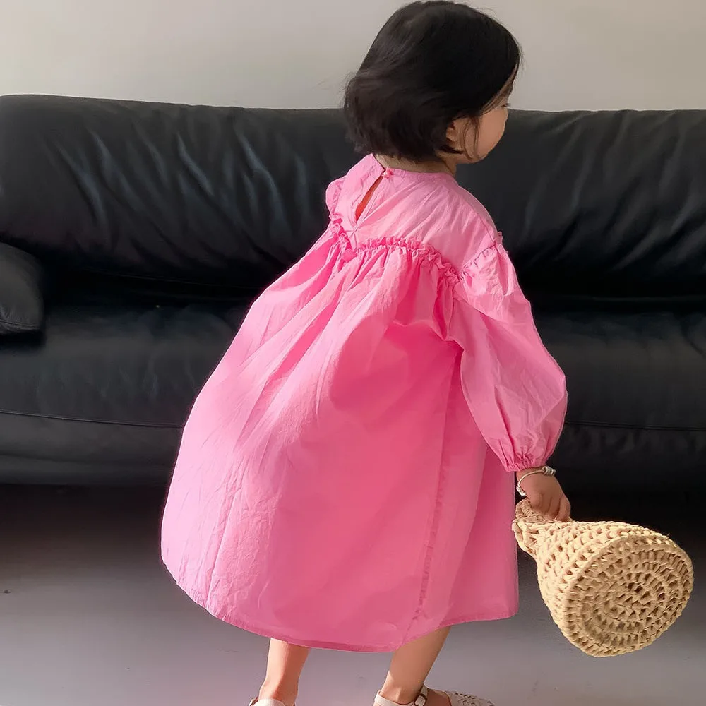 Girls Casual Dresses Spring Korean Girls Pink Dress New Long Sleeved Baby Princess Childrens Clothing 2024 Pleated