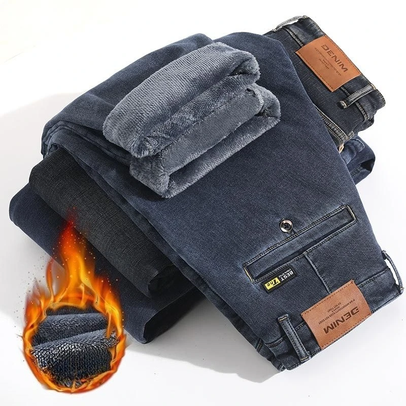 

Зимние мужские теплые флисовые джинсы, свободные прямые брюки, толстые ветрозащитные бархатные джинсовые брюки, удобные повседневные уличные повседневные брюки