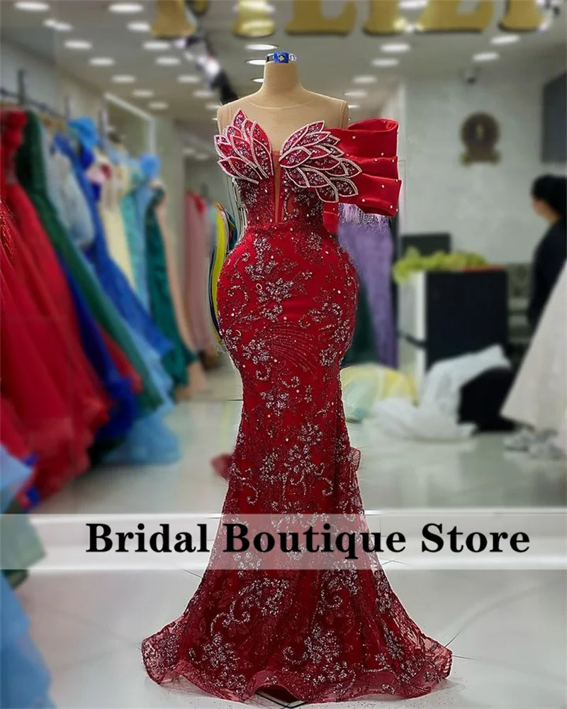 Exquisite Red Dubai Mermaid Evening Dress Beading Crystals Rhinestones Sequins Wedding Prom Party Dress Robes Customized