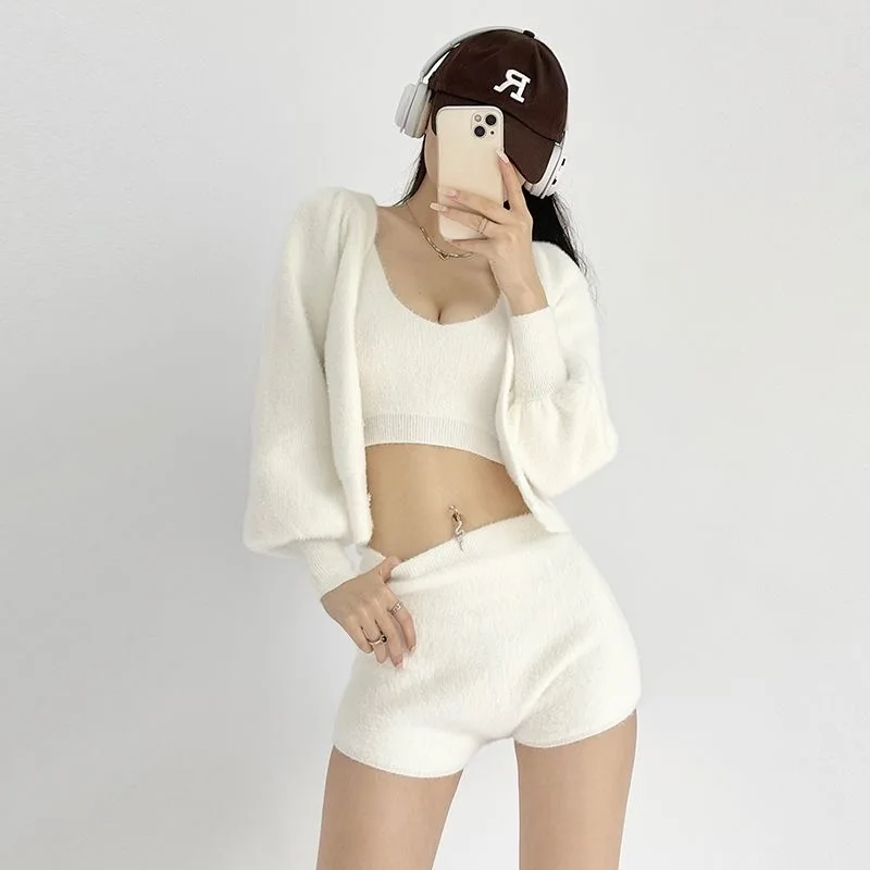 Fuzzy Clothing Women\'S Sleepwear Sexy 3 Piece Outfits Fleece Hooded Cardigan Crop Top Shorts Plush Sweater Set Lounge Pajamas