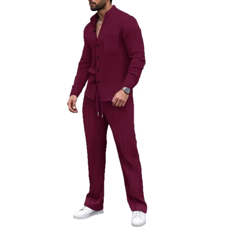 Herren Waffelstrick 2-Teiliges Set Langarmhemd & Hose mit Kordelzug Minimalistisches Einfarbiges Passendes Outfit Business Büroanzug 2026 – Detail 12