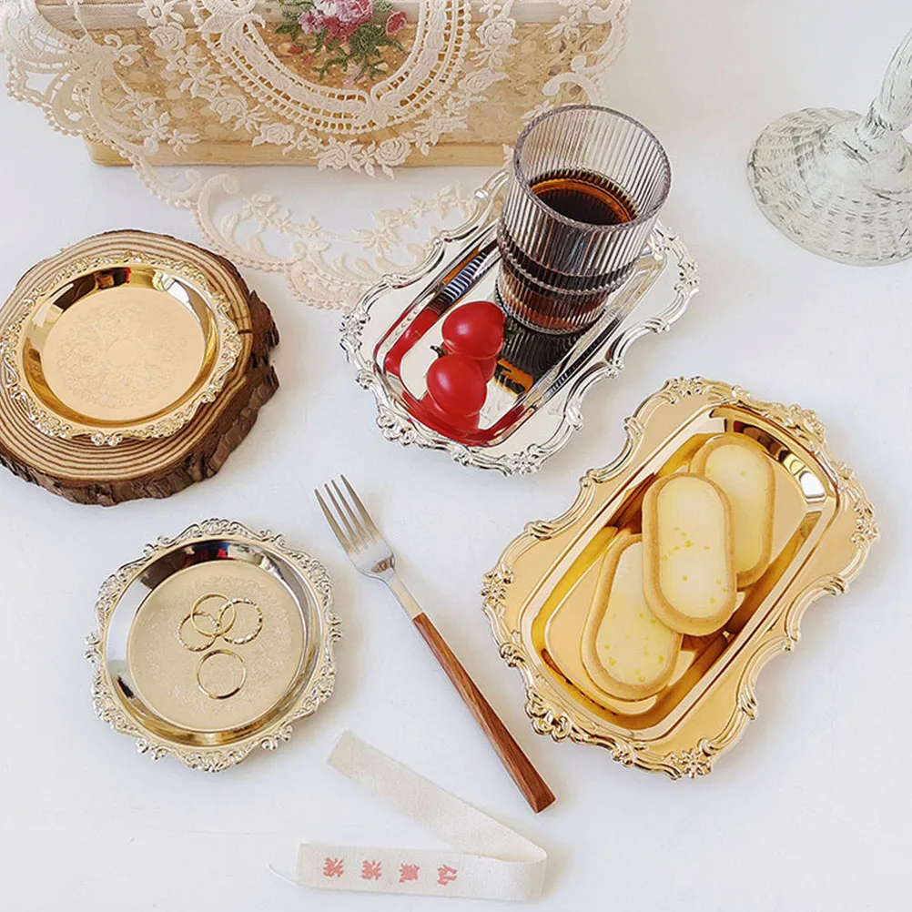

2 pcs Stainless Steel Food Serving Tray Portable Fruit Storage Plate Compact Multi Functional Metal Pan Dessert Platter Home
