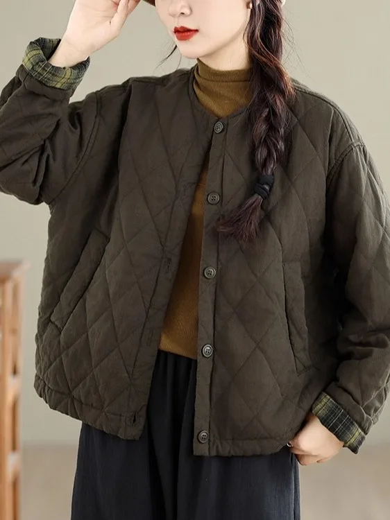 

Retro Diamond Pattern round Ne Thiened Cotton Jaet Women's Winter New Sle Inner Color Weave id Warm Cotton Coat Trendy