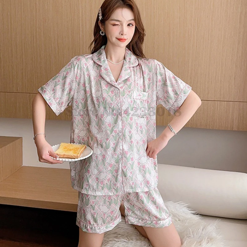 Summer Satin Silk Sleepwear Tulip Rabbit Print Pajamas Women's Sexy Lapel Shirt Homewear Short Sleeved Shorts Nightwear Set