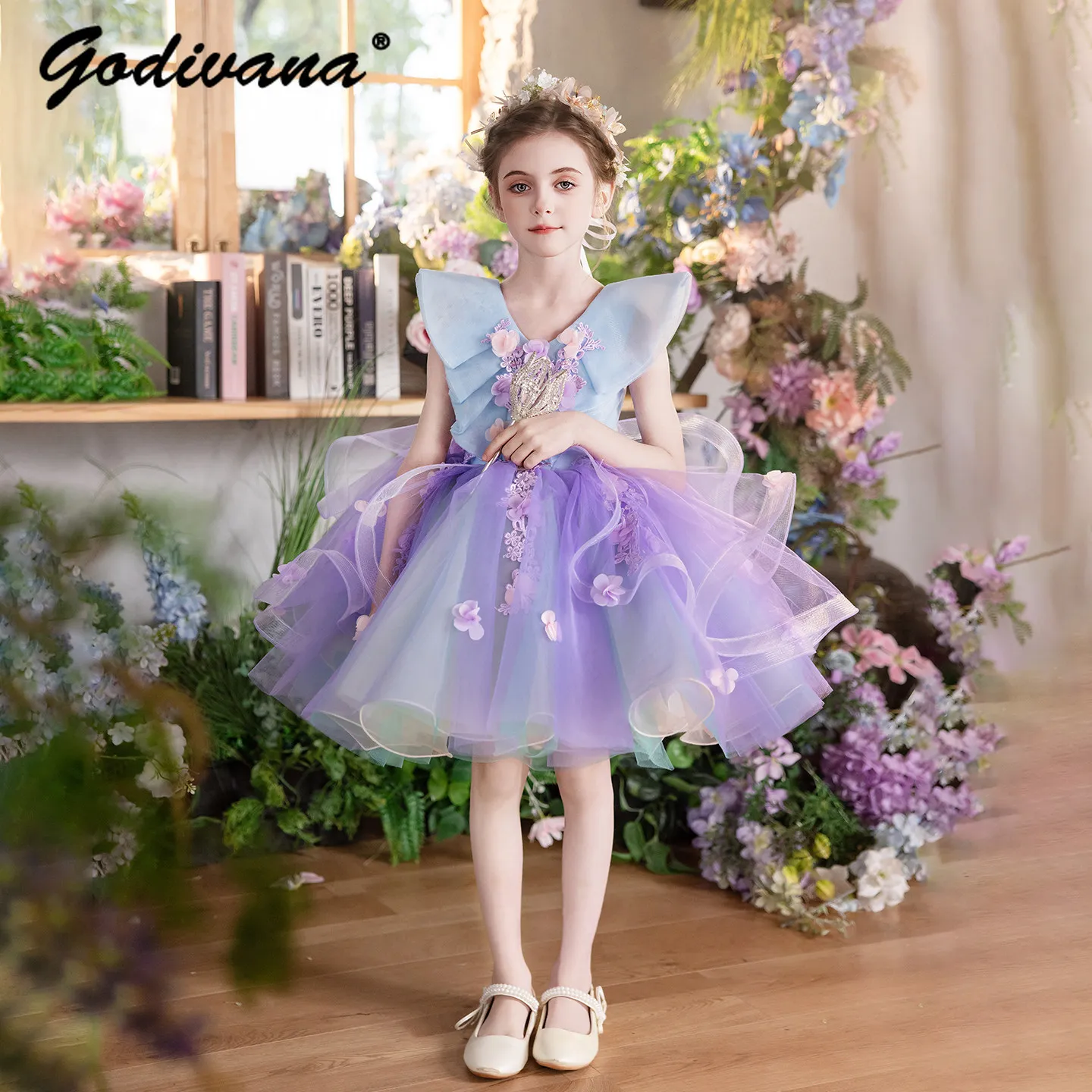 Little Girls High End Heavy 3D Floral Sleeveless Princess Dress Kids Flower Girl Wedding Gown Host Piano Performance Tutu Dress