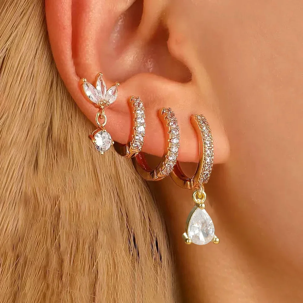4PCS Exquisite Zircon Hoop Ear s Set For Women Stainless Steel Hoops Water Drop Shape Cartilage Ear  Piercing Jewelry