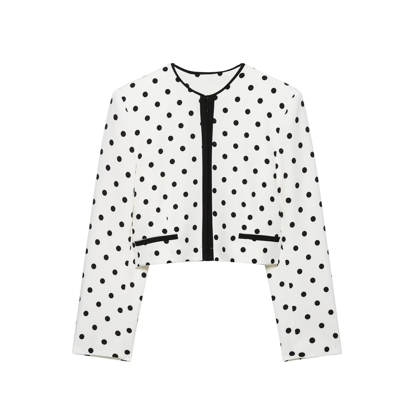 Off White Black Polka Dot Cropped Blazer Round Neck Contrast Hidden Zip Front Long Sleeve Elegant Vintage Women Outerwear
