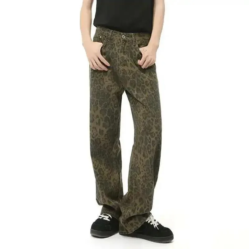 High Street New Men's Denim Pants Leopard Print Casual Bottom Straight Loose Wide Leg Male Jeans Spring Streewear 9CETZD