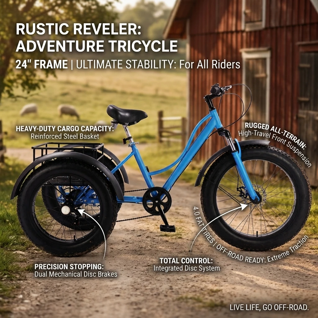24 inch 4.0 fat tire snow tricycle 7 speed human tricycle double disc brake Mountain Bike leisure elderly tricycle with basket