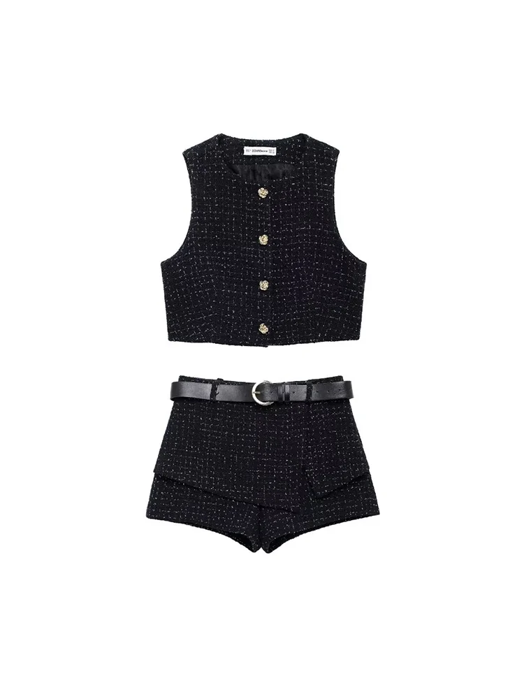 SIYANG Women Fashion Chic Textured Set Female Short Waistcoat Asymmetrical Skirt Shorts With Belt Ladies Casual Outfits