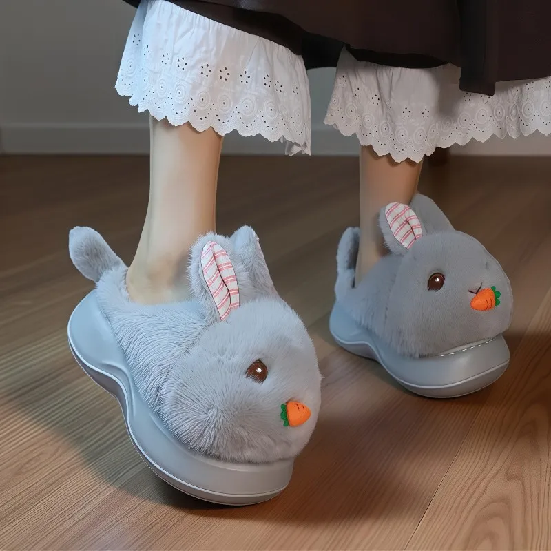 New High Heels 5.5cm Shoes Women 2026 Winter House Shoes Cute Bunny Eat Rabbit Furry Slippers Girls Kawaii Gift Elevator Shoe