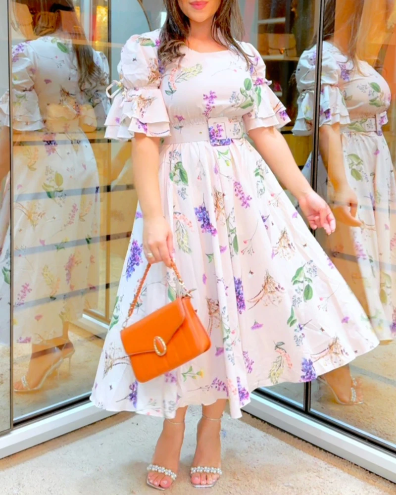 2025年夏新作 レディースワンピース 花柄プリント ハーフスリーブ シャーリング ハイウエスト カジュアル ラウンドネック ロングワンピース ベルト付き